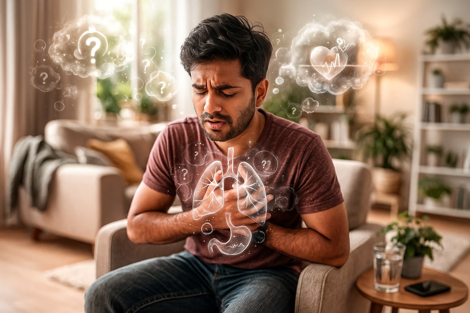 Anxious person hyperaware of breathing and blinking, surrounded by symbolic icons of body functions, representing sensorimotor OCD