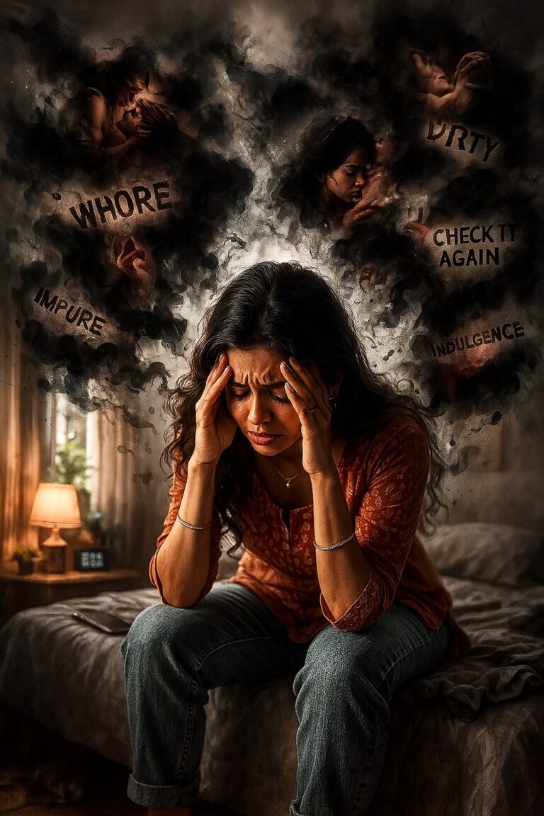 Conceptual illustration representing intrusive sexual thoughts and mental distress in OCD