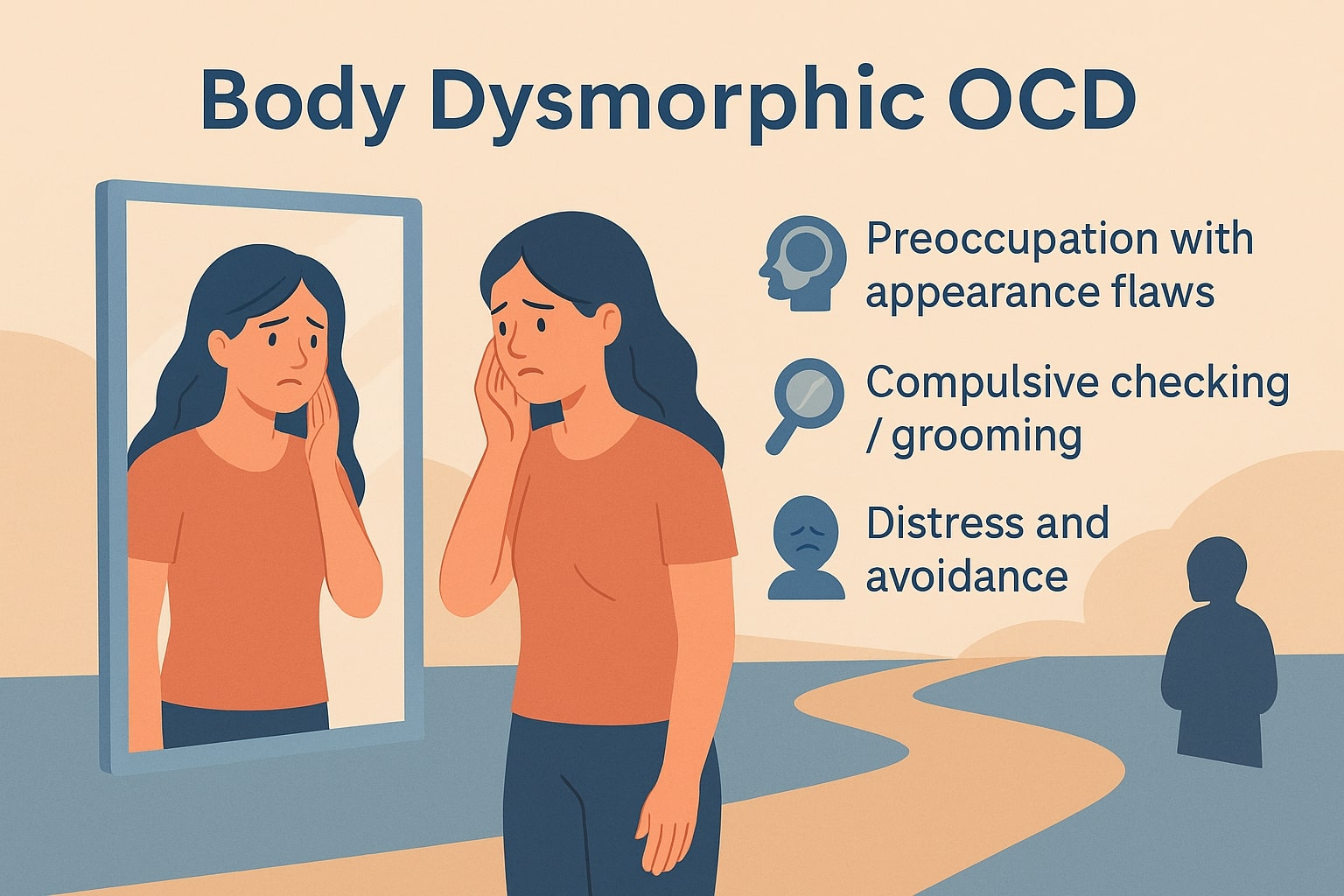 Person looking into a mirror symbolizing obsessive focus on appearance, representing Body Dysmorphic OCD recovery through therapy