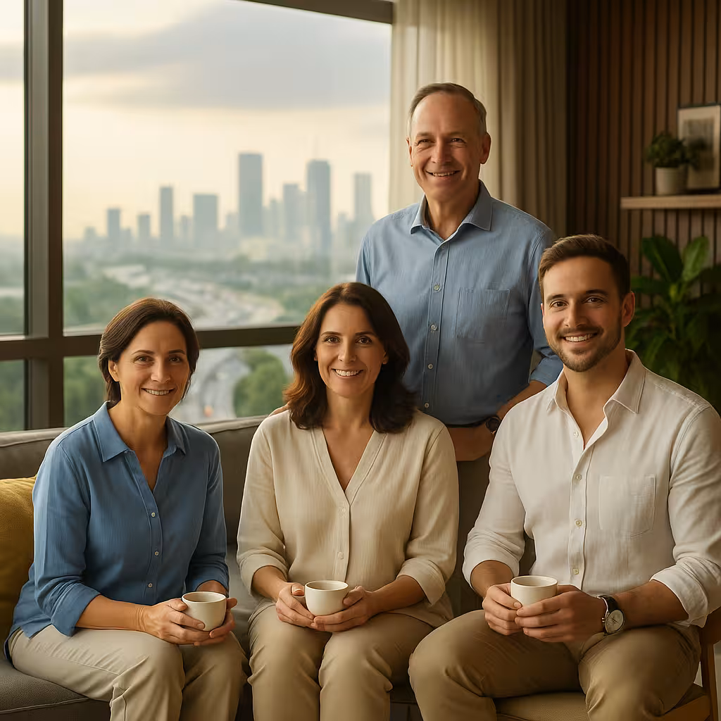 A group of adults during an OCD therapy session in Los Angeles, sitting together in a calm modern clinic with city skyline view