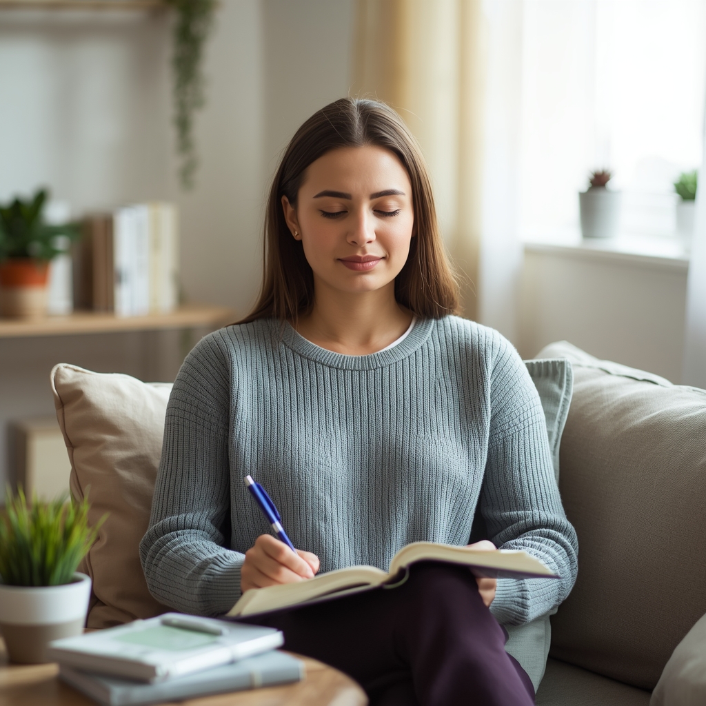 Woman practicing CBT exercises at home with journal and laptop