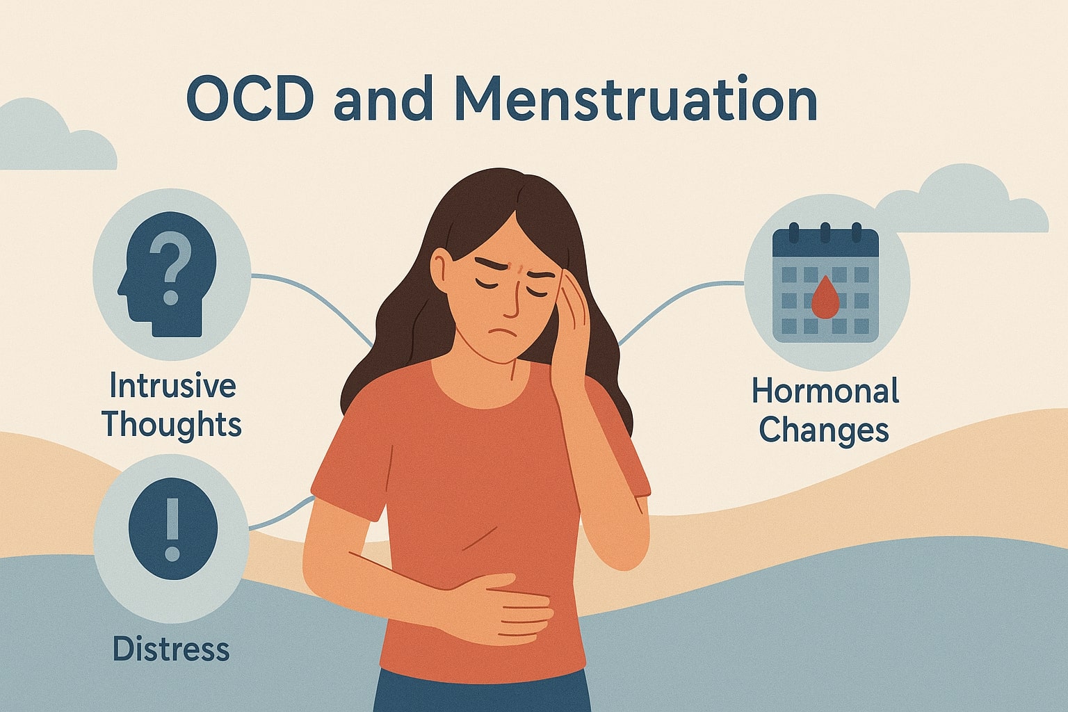 llustration showing a woman experiencing OCD symptom flare during menstrual cycle