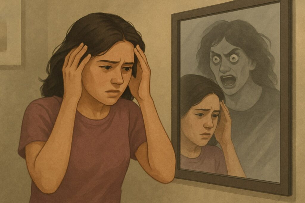 Calm red background design showing Psychosis OCD recovery with CBT and ERP therapy at Emotion of Life India