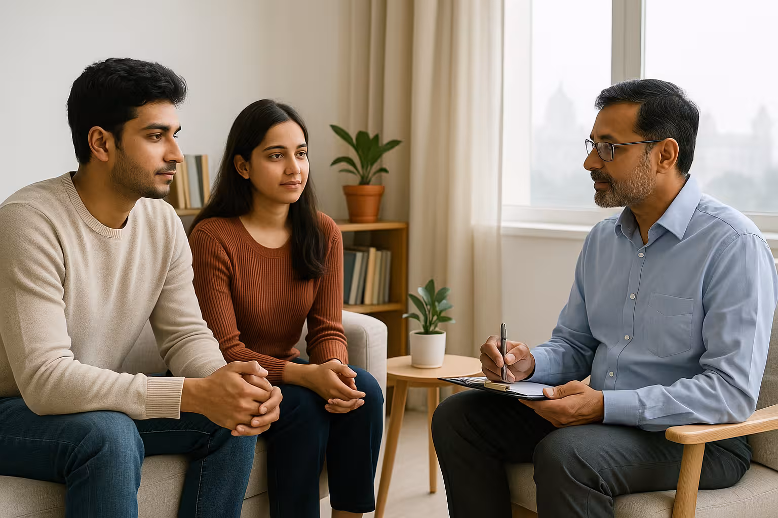 OCD Treatment in Indore – Indian couple talking with psychologist during therapy session focused on mental wellness and recovery