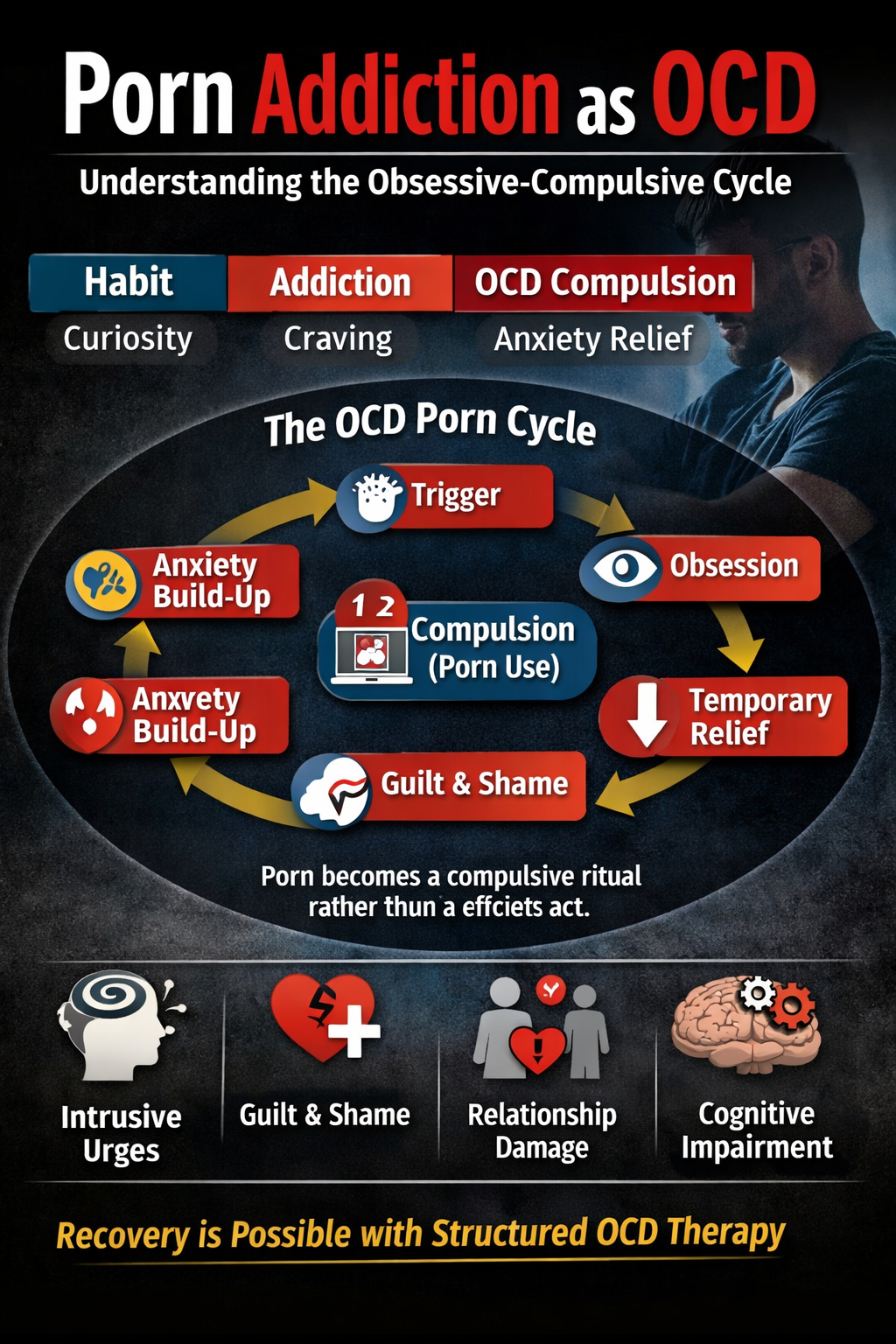 Porn Addiction as OCD infographic explaining the obsessive-compulsive cycle behind pornography dependence, including triggers, compulsions, guilt, and recovery pathway.