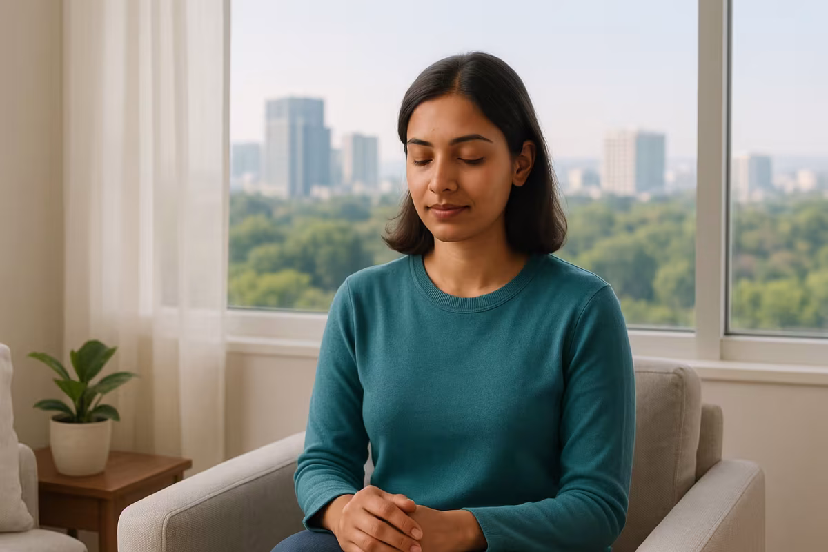 OCD Treatment in Pune – Online Therapy Without Medicine | Emotion of Life A calm Indian woman sitting indoors with the Pune IT skyline visible through the window, symbolizing therapy-based OCD recovery and mental peace.