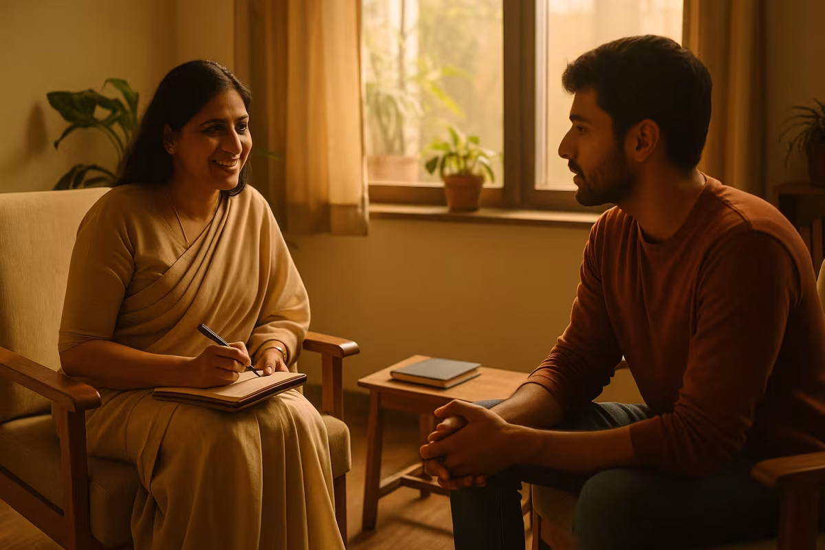 Indian psychologist talking with a young adult client during OCD treatment in Bhopal, in a warm sunlight therapy room with plants and notebooks creating a peaceful atmosphere.