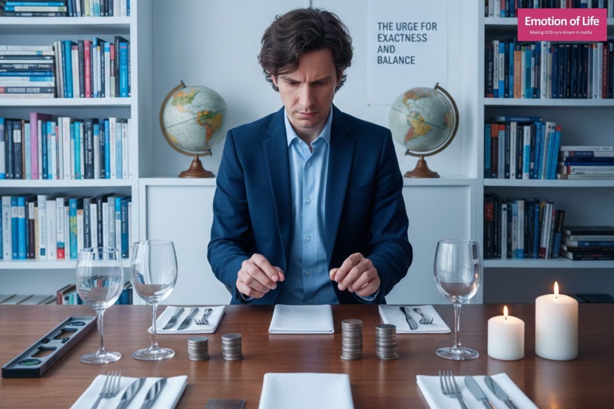 Person arranging objects repeatedly to achieve symmetry due to symmetry and ordering OCD