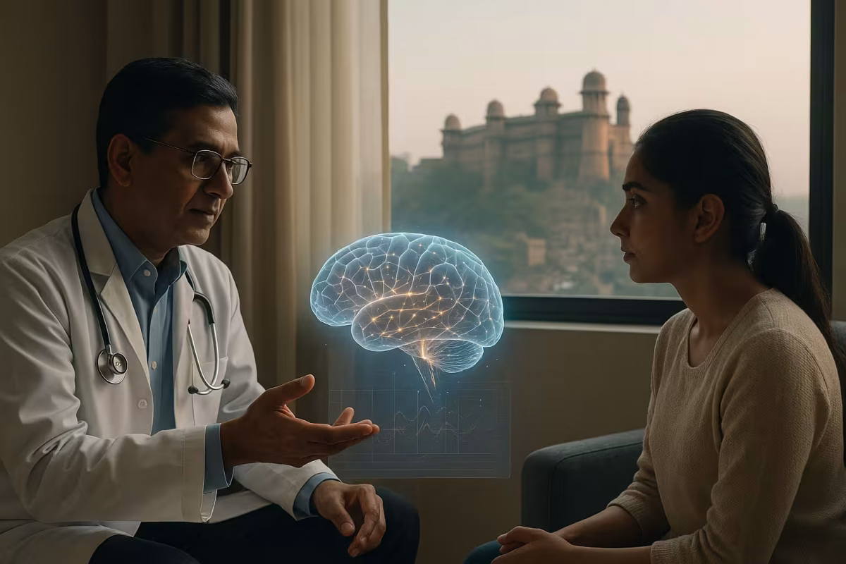An Indian psychiatrist explaining a 3D brain hologram to a patient with Gwalior Fort visible outside the window, representing advanced and compassionate OCD treatment in Gwalior.